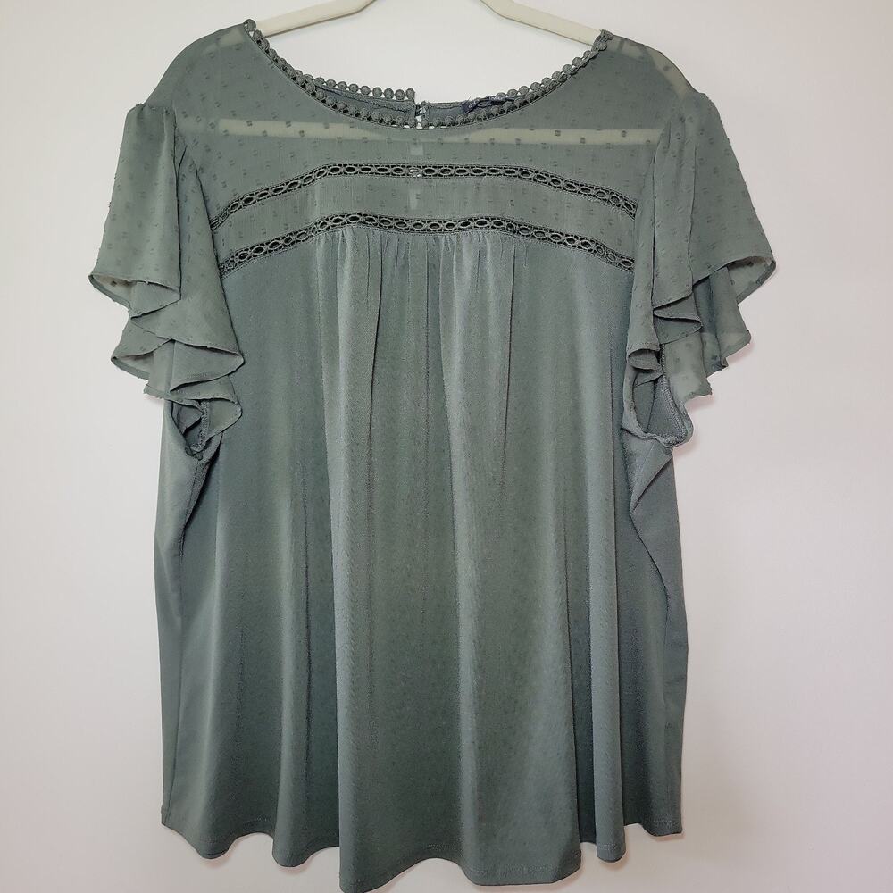 Women's Flare Short Sleeve Blouse Size 3XL Sheer Details Whimsygoth Witchy Olive - Picture 2 of 7